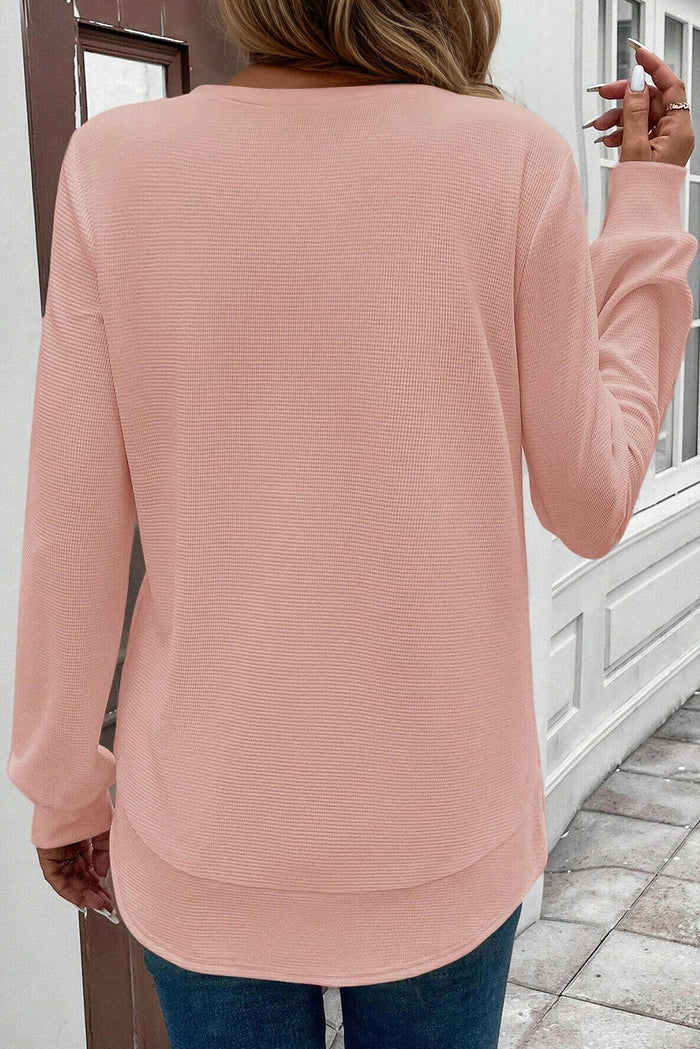 Gossamer Pink Rounded Hem Waffle Long Sleeve Top