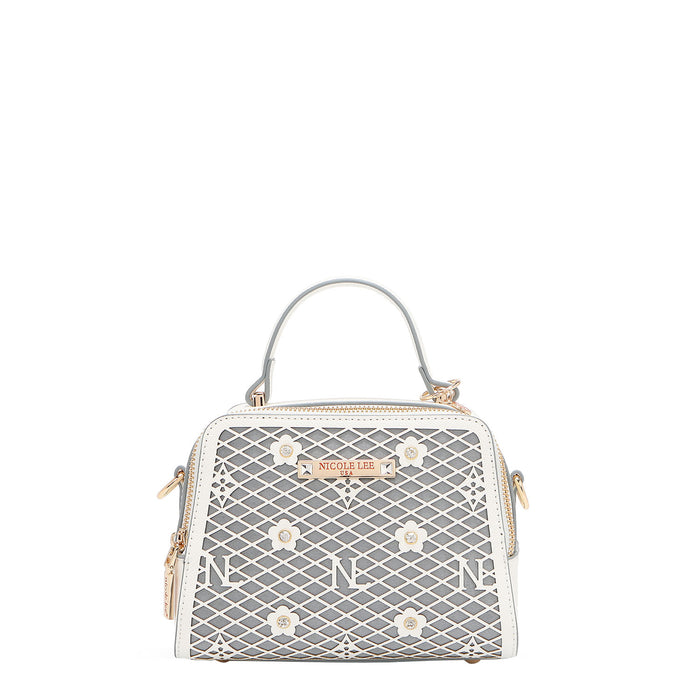 OUR MINI HANDBAG WITH LACER-CUT AND RHINESTONES DETAILS IN COLOR WHITE.