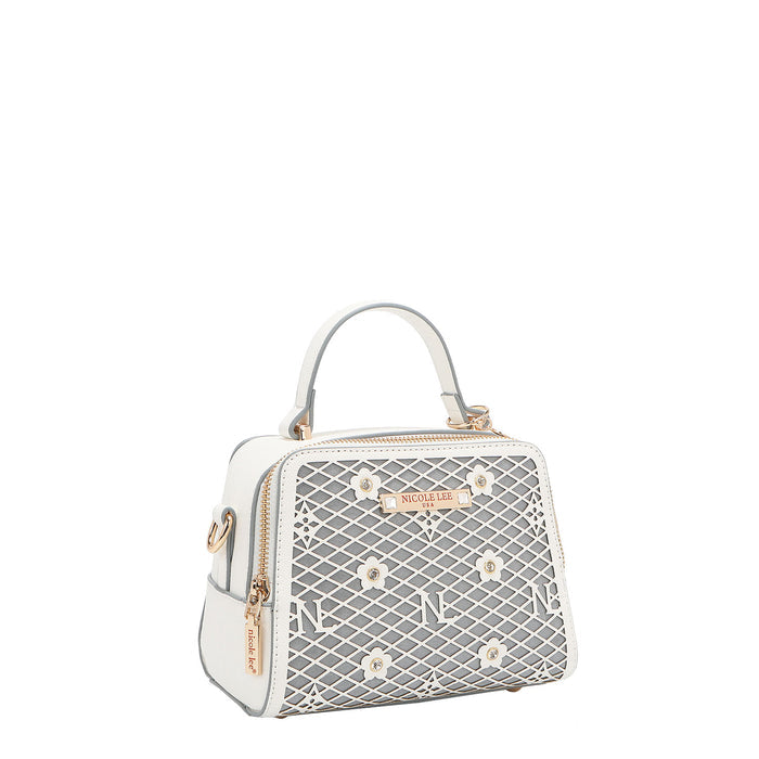 OUR MINI HANDBAG WITH LACER-CUT AND RHINESTONES DETAILS IN COLOR WHITE.