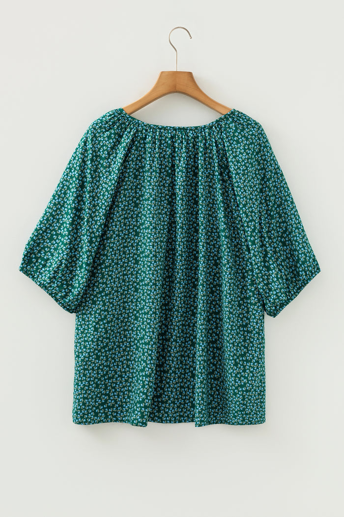 Green Boho Chic Notched V Neck Plus Floral Short Sleeve Top