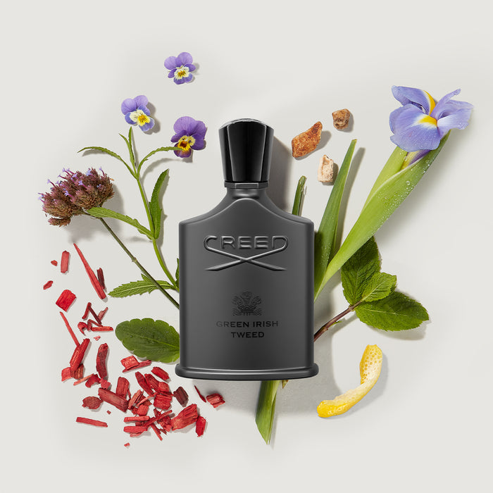 Creed Green Irish Tweed bottle with iris, violet, sandalwood and mint fragrance notes - Flat Lay | Creed Fragrances