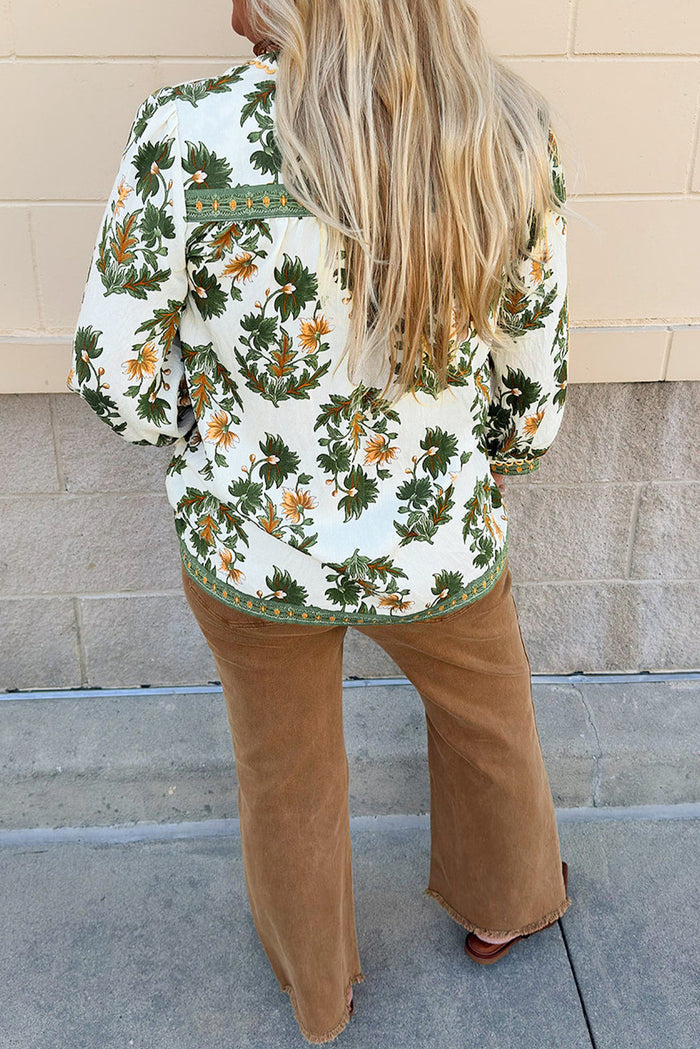 Green Plus Size Floral Printed Contrast Patchwork Detail Tassel Tie 3/4 Sleeve Blouse