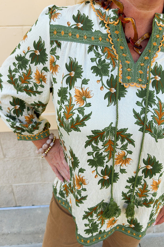 Green Plus Size Floral Printed Contrast Patchwork Detail Tassel Tie 3/4 Sleeve Blouse