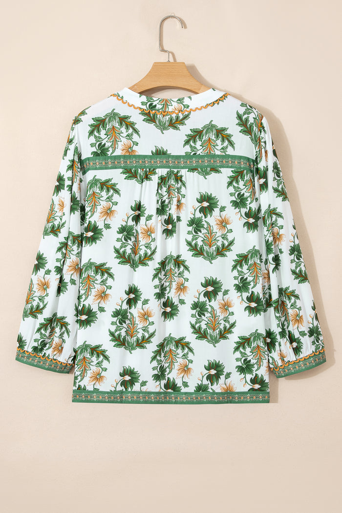 Green Plus Size Floral Printed Contrast Patchwork Detail Tassel Tie 3/4 Sleeve Blouse
