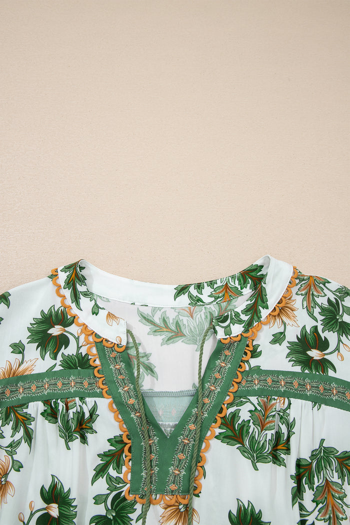 Green Plus Size Floral Printed Contrast Patchwork Detail Tassel Tie 3/4 Sleeve Blouse