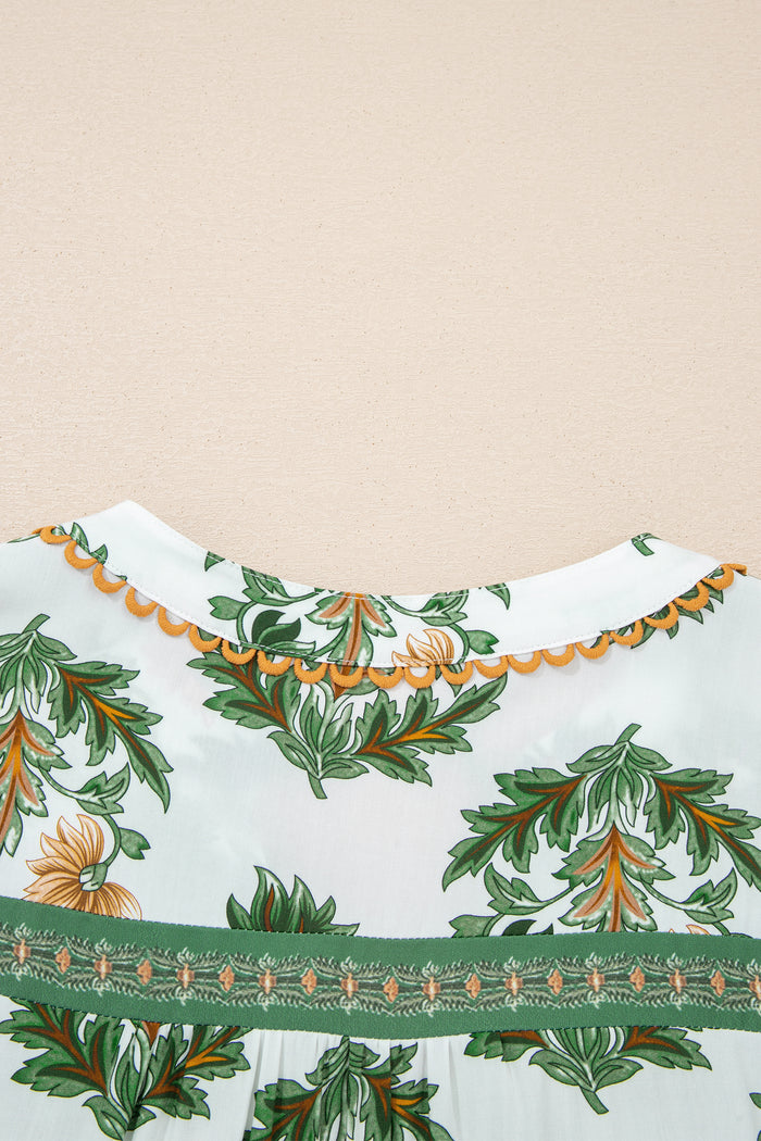 Green Plus Size Floral Printed Contrast Patchwork Detail Tassel Tie 3/4 Sleeve Blouse