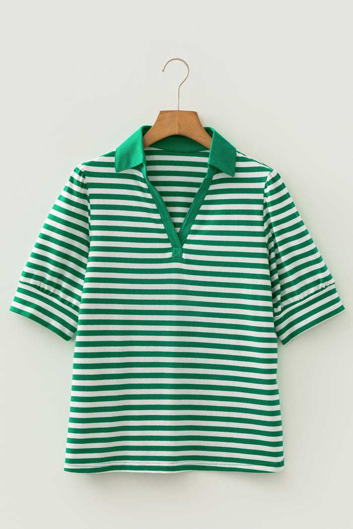 Green Stripe Collared V Neck Short Puff Sleeve Top