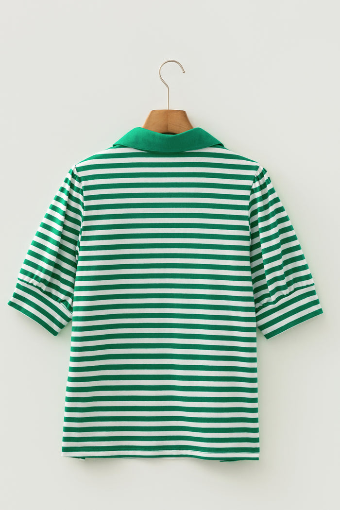 Green Stripe Collared V Neck Short Puff Sleeve Top