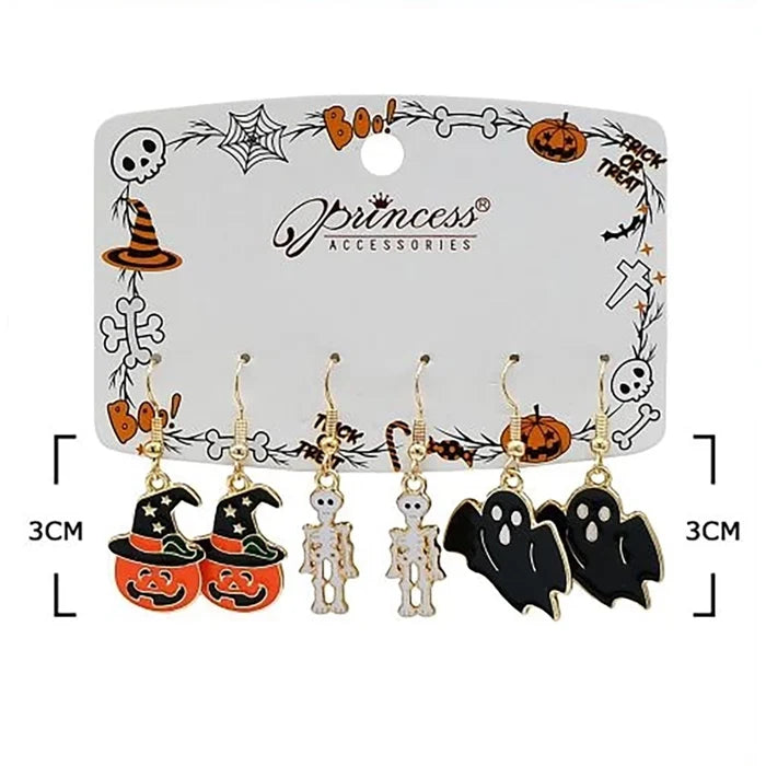 Halloween Dangle Earrings Set (3 Pairs) – Enamel Jack-o'-Lanterns, Skeletons, Ghosts & Witch Hats Festive Jewelry (HWE-1080)