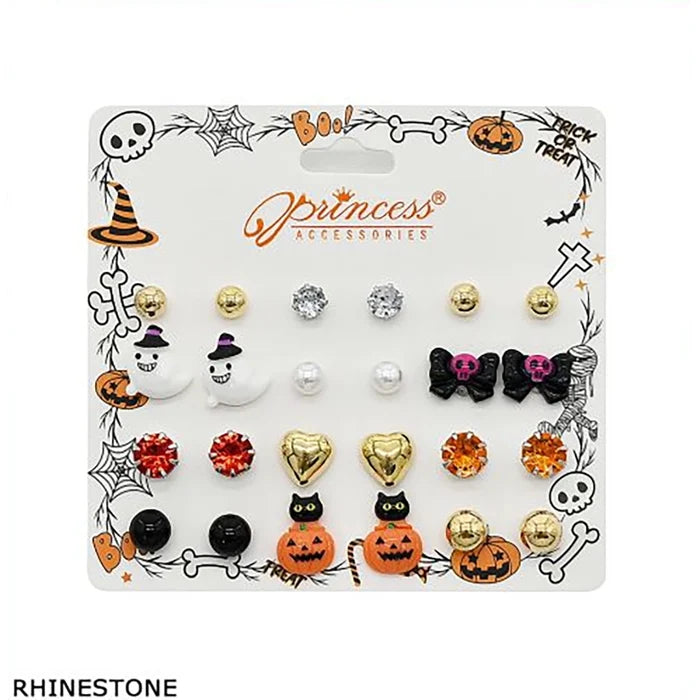Halloween Earrings Multipack – Festive Stud Earring Set with Ghosts, Pumpkins, Skulls & Rhinestones (9 Pairs / Set) (HWE-1092)