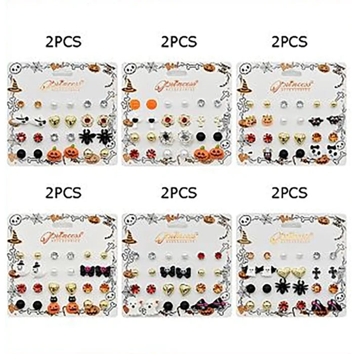 Halloween Earrings Multipack – Festive Stud Earring Set with Ghosts, Pumpkins, Skulls & Rhinestones (9 Pairs / Set) (HWE-1092)