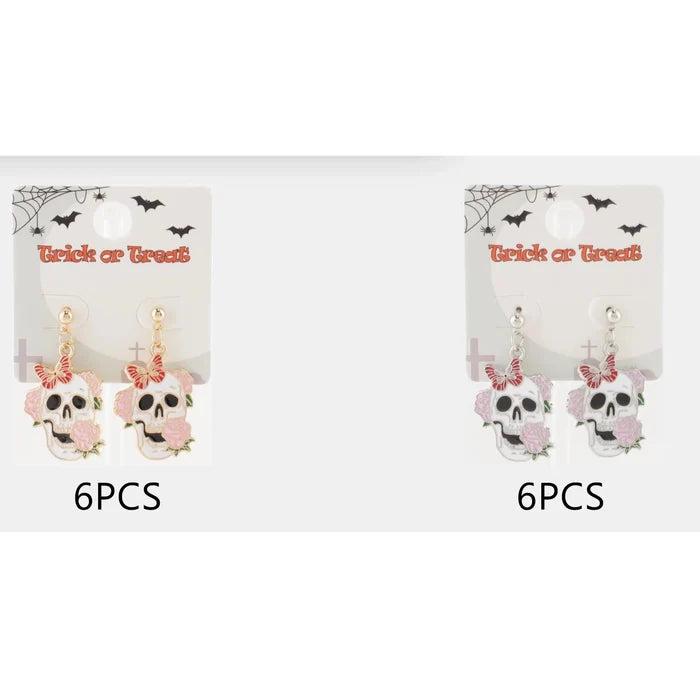 Halloween Floral Skull & Butterfly Enamel Post Earrings - Bulk 12 Pairs (CR4049)