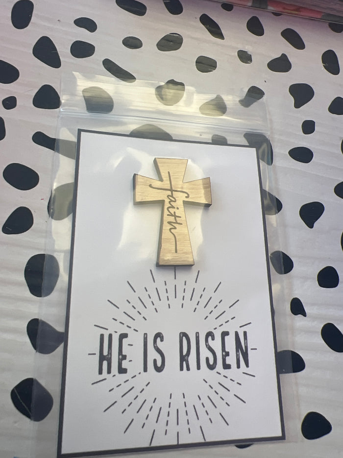 He Is Risen Faith Wood Cross Token