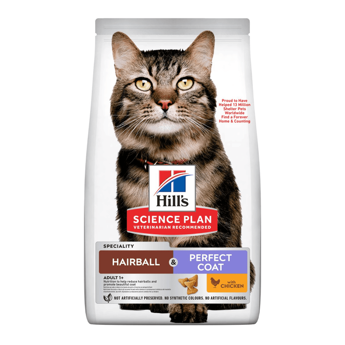 Hills Science Plan cat dry food packaged in a white bag with an adult brown tabby cat pictured on the bag. Text on bag say 'Hill's Science Plan, veterinarian recommended' and 'Hairball & Perfect Coat, Adult 1+ year' with a chicken pictured with text 'with chicken' beneath on white background.