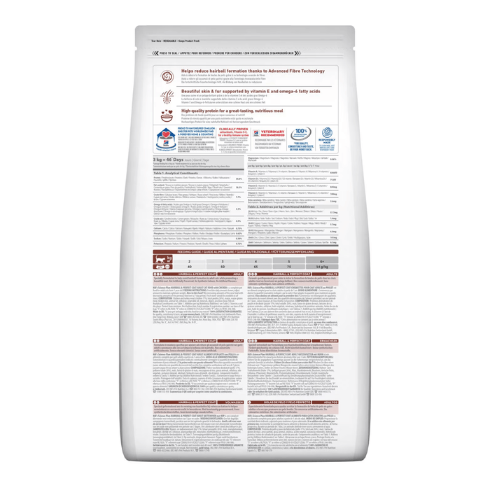 Back view of bag of Hills Science Plan cat dry food packaged in a white bag on white background.