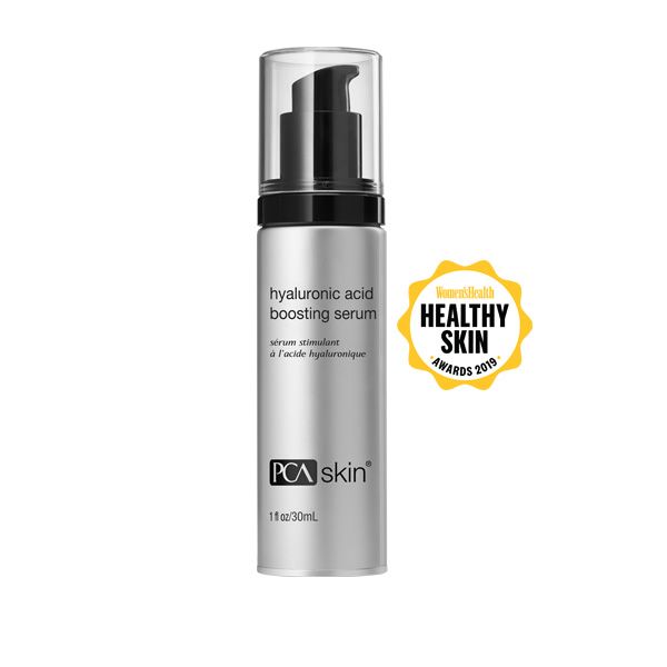Bottle of Hyaluronic Acid Boosting Serum | PCA Skin with pump dispenser and a badge indicating it won Women’s Health Healthy Skin Award 2019, skincare product from Live Love Spa.