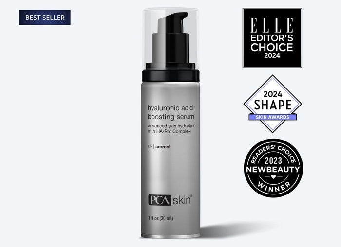 Hyaluronic Acid Boosting Serum | PCA Skin bottle with pump dispenser, accompanied by badges for Elle Editor's Choice 2024, Shape Skin Awards 2024, and NewBeauty Readers' Choice 2023 winner.