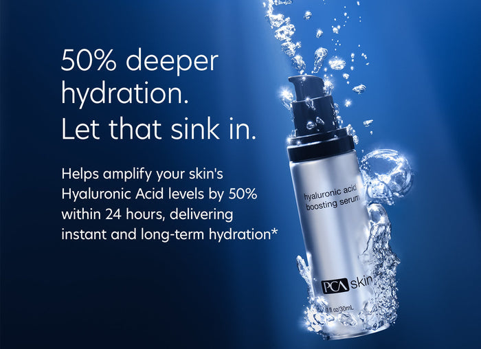 Hyaluronic Acid Boosting Serum | PCA Skin bottle submerged in water with bubbles, promoting 50% deeper hydration for instant and long-term skincare benefits.