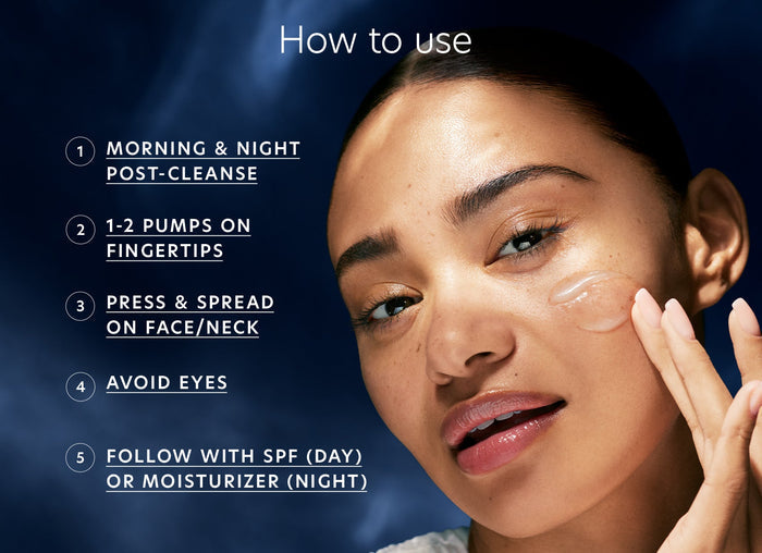 Woman demonstrating how to apply Hyaluronic Acid Boosting Serum | PCA Skin by pressing and spreading serum on her face and neck with instructions for morning and night skincare routine.