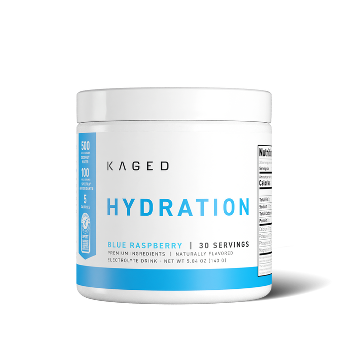 Front close-up of Hydra-Charge hydration tub showing HYDRATION headline and Blue Raspberry 30 servings text on white background #flavor_blue raspberry