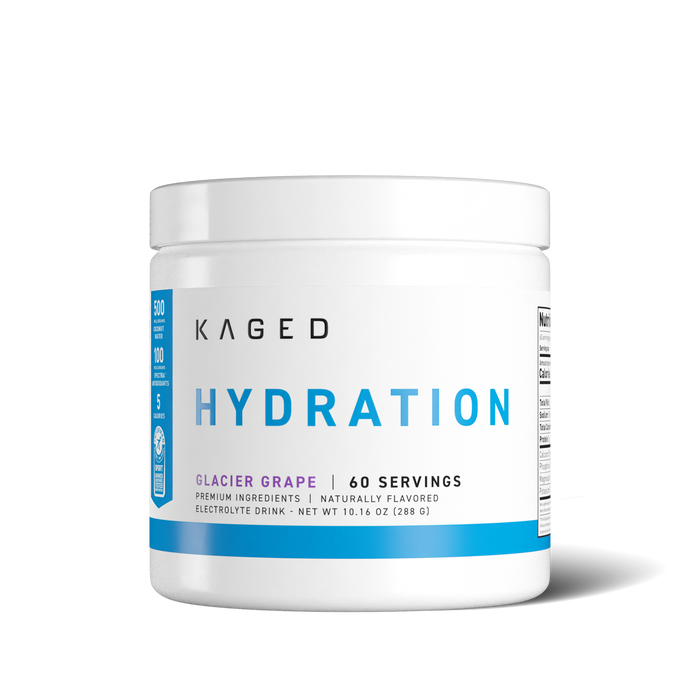 Front of Hydra-Charge tub, Glacier Grape, 60 servings, showing KAGED logo and large HYDRATION label on white background #flavor_glacier grape