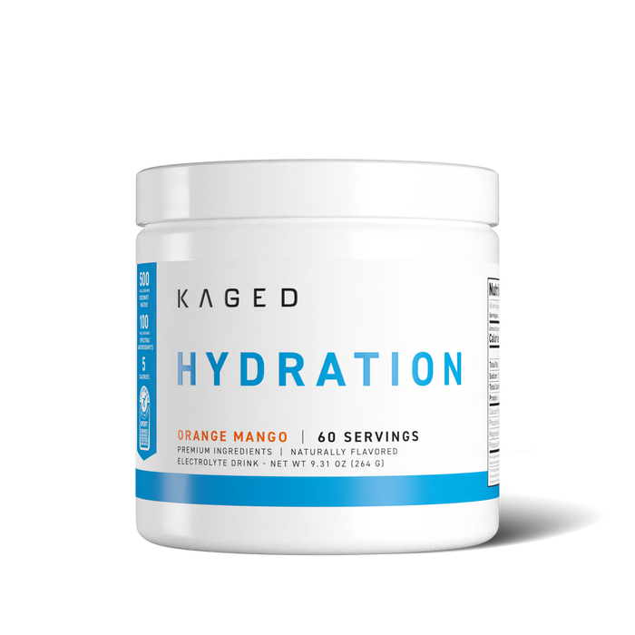 Front of Hydra-Charge tub showing HYDRATION label and Orange Mango flavor, 60 servings on white background #flavor_orange mango