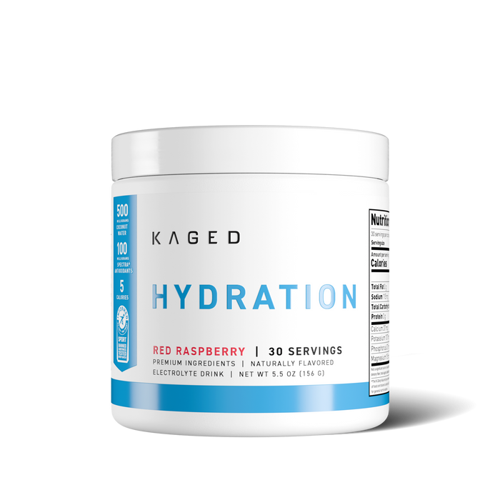 Front view of Hydra-Charge hydration powder tub showing HYDRATION label, Red Raspberry flavor and 30 servings on white background #flavor_red raspberry