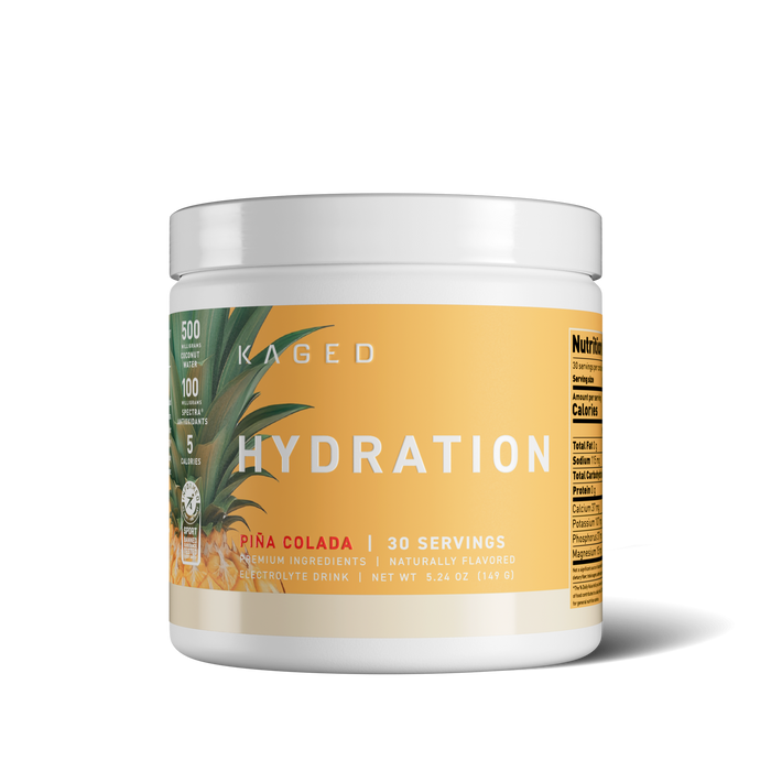 Front view of Hydra-Charge tub, Piña Colada flavor, orange label HYDRATION with pineapple graphic on white background #flavor_pina colada