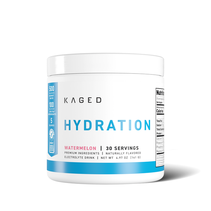 Cropped front view of Hydra-Charge tub showing HYDRATION label and 'Watermelon | 30 servings' on white background #flavor_watermelon