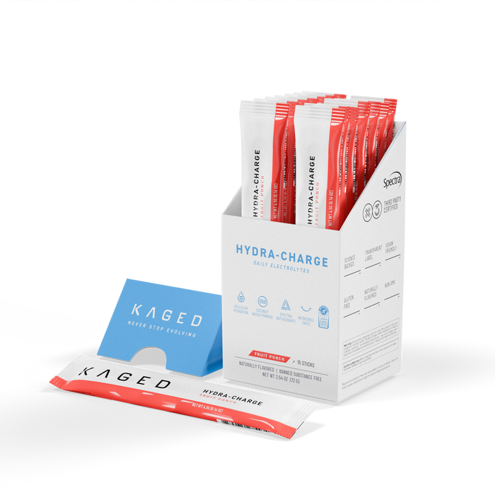 Front view of Hydra-Charge stick box with fruit punch single-serve electrolyte packets and Kaged branding on white background #flavor_fruit punch