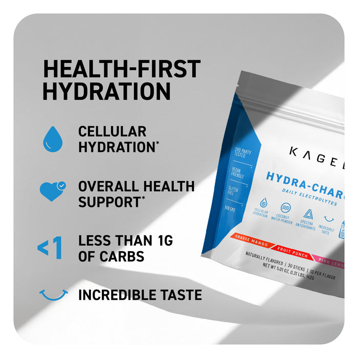 Graphic ‘HEALTH-FIRST HYDRATION’ showing cellular hydration, health support, under 1g carbs, and a Hydra-Charge pouch