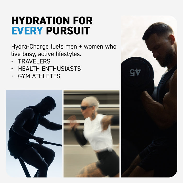 Banner ‘Hydration for Every Pursuit’ stating Hydra-Charge fuels busy, active lifestyles; includes three athlete photos