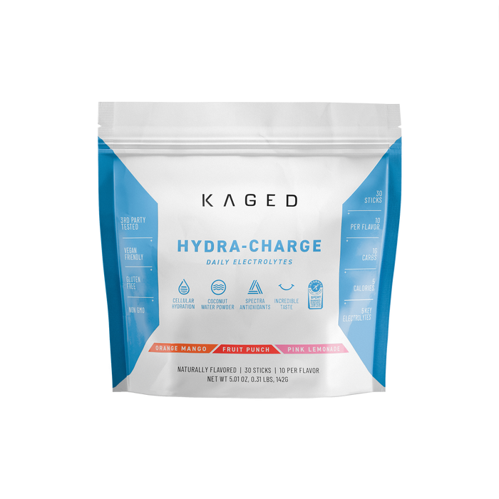 Front view of 30‑stick Hydra-Charge variety bag showcasing KAGED logo, ‘Hydra-Charge Daily Electrolytes’ headline and flavor stripe (Orange Mango, Fruit Punch, Pink Lemonade)