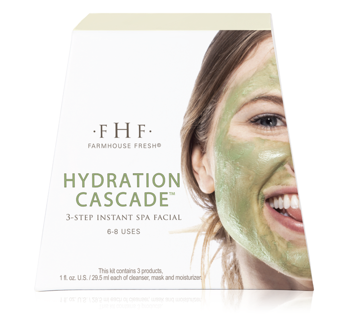 Packaging of Hydration Cascade® 3-step Instant Spa Facial | Farmhouse Fresh showing product name and a smiling woman with a green facial mask applied to half of her face.