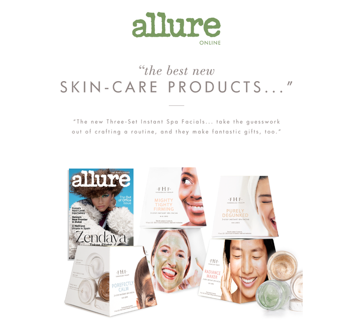 Allure Online features a review highlighting Hydration Cascade® 3-step Instant Spa Facial | Farmhouse Fresh as an ideal skincare set, shown with smiling faces and spa product packaging.