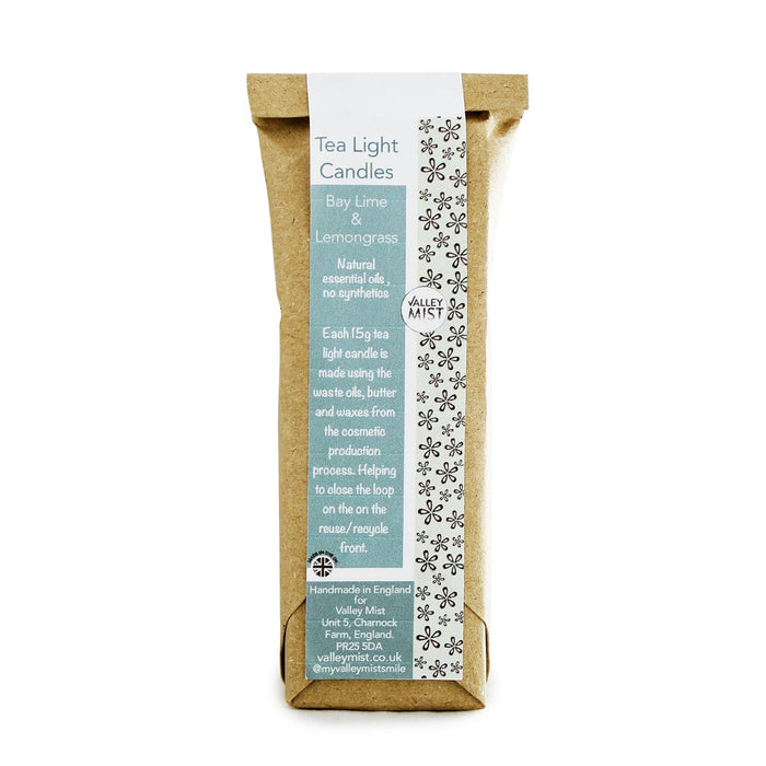 natural essential oil bay, lime and lemongrass tea light candle three pack