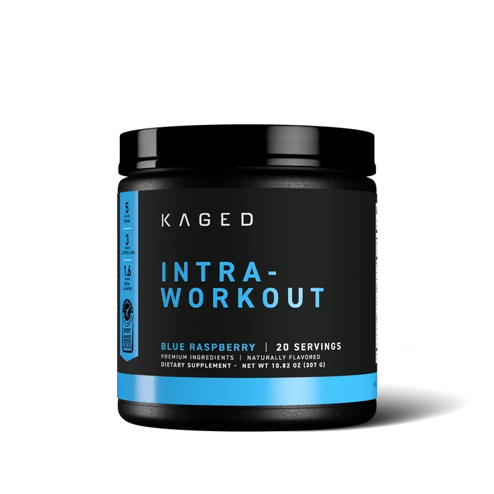 Front view of Intra-Workout supplement tub showing INTRA-WORKOUT label and Blue Raspberry flavor text on black background #flavor_blue raspberry