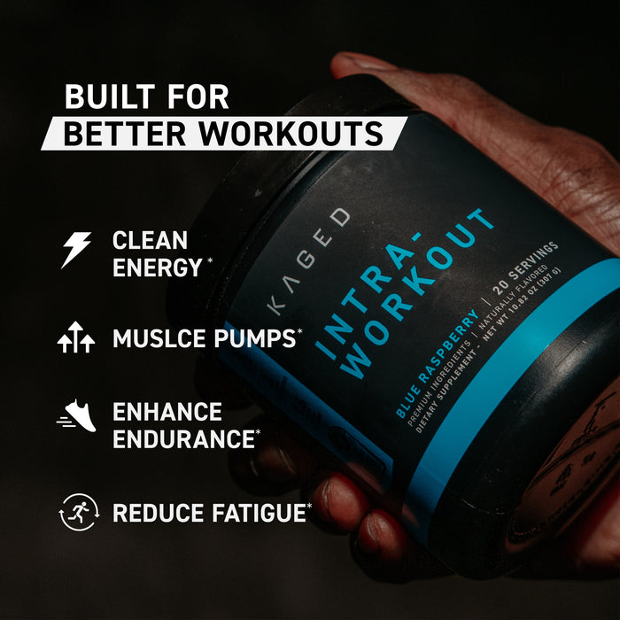 Promotional banner showing Kaged Intra-Workout tub with headline ‘Built for Better Workouts’ and benefits: Clean Energy; Muscle Pumps; Enhance Endurance; Reduce Fatigue