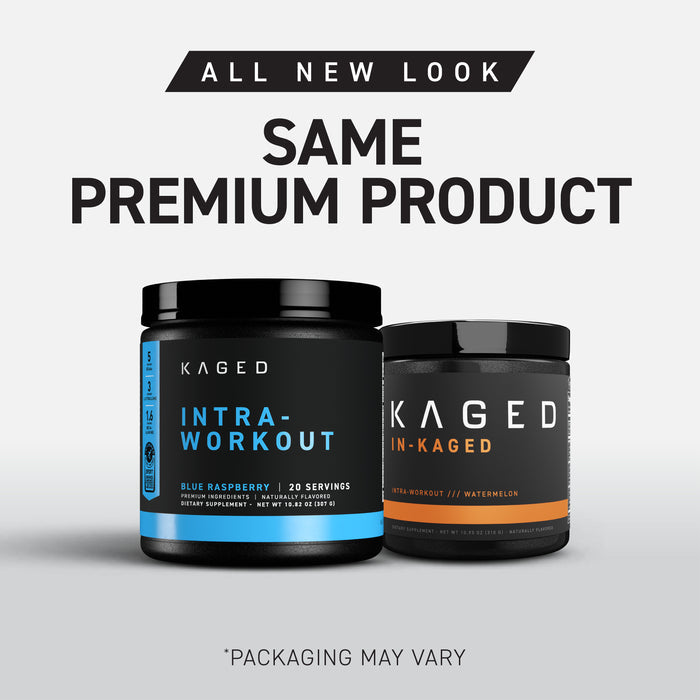 Front view of two KAGED intra-workout supplement tubs, blue raspberry and watermelon, with large banner text SAME PREMIUM PRODUCT visible