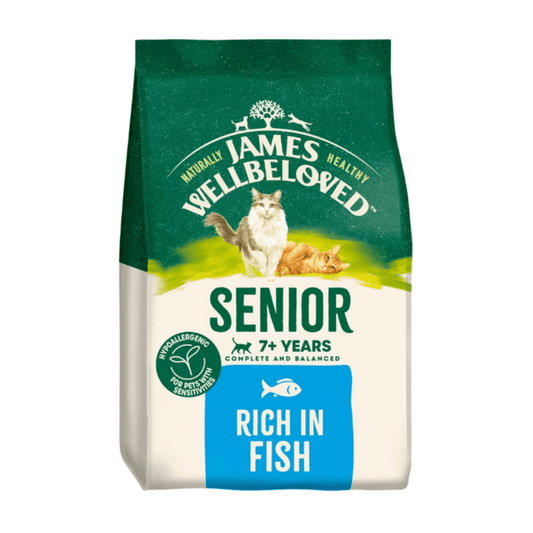 White background with a bag of James Wellbeloved Senior Fish dry cat food. Packaging is green and cream with 2 cats pictured, with text 'Senior, 7+ years, Rich in Fish'.