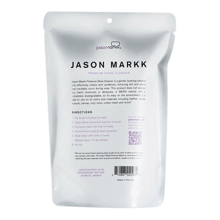 Baksiden av Jason Markk Premium skorens med bruksanvisning og miljøvennlig informasjon