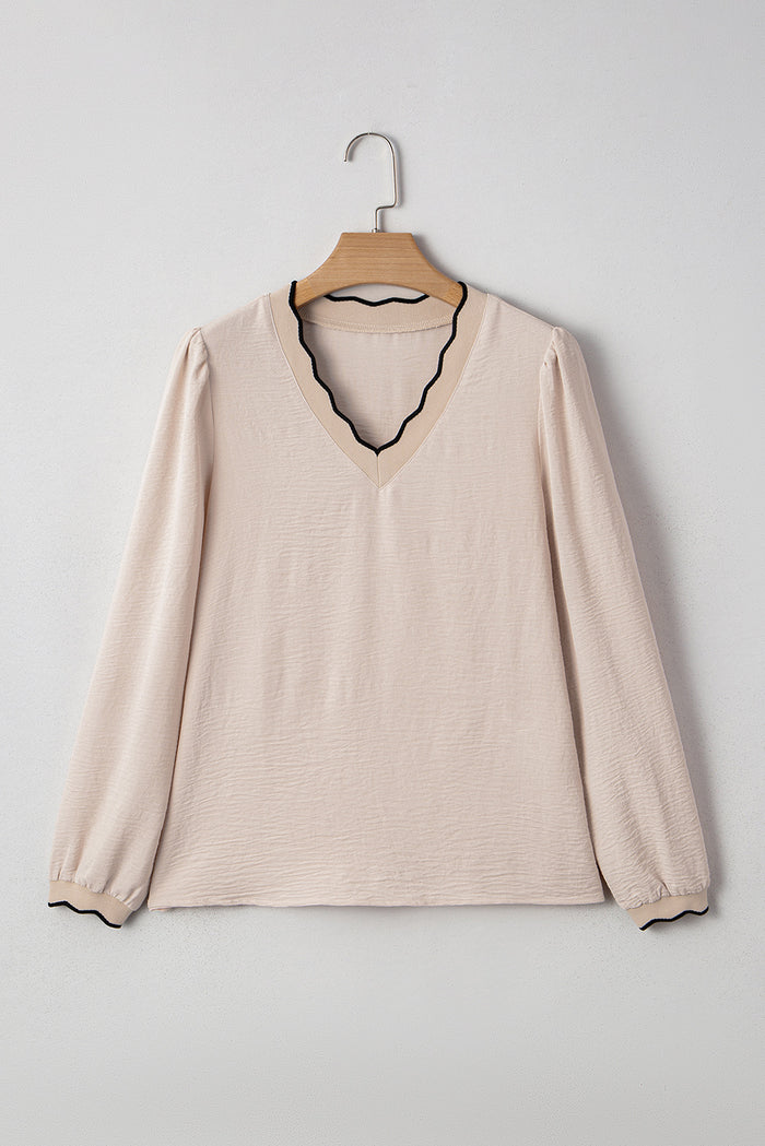 Jet Stream Contrast Scallop Trim V Neck Long Sleeve Blouse