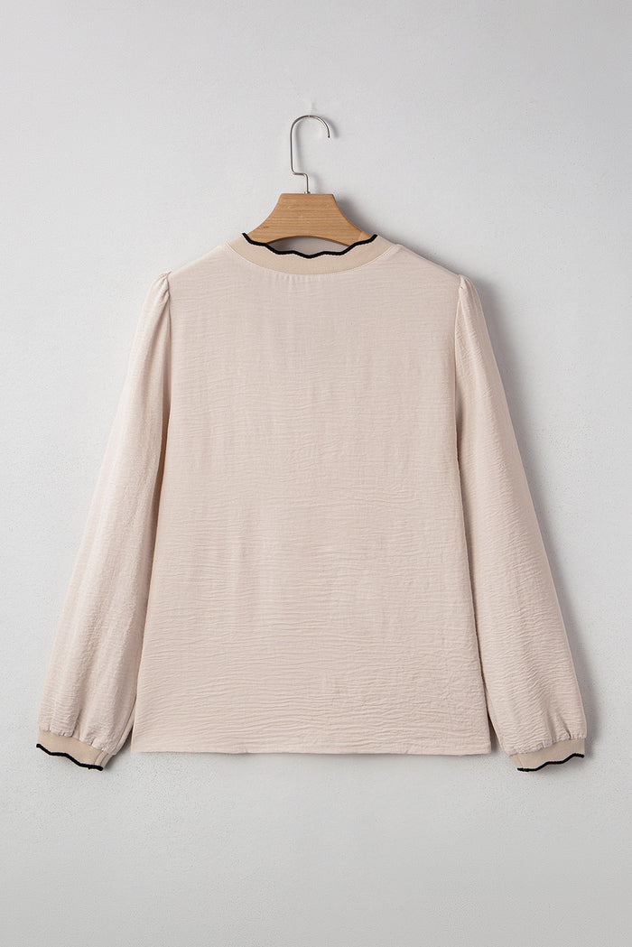 Jet Stream Contrast Scallop Trim V Neck Long Sleeve Blouse