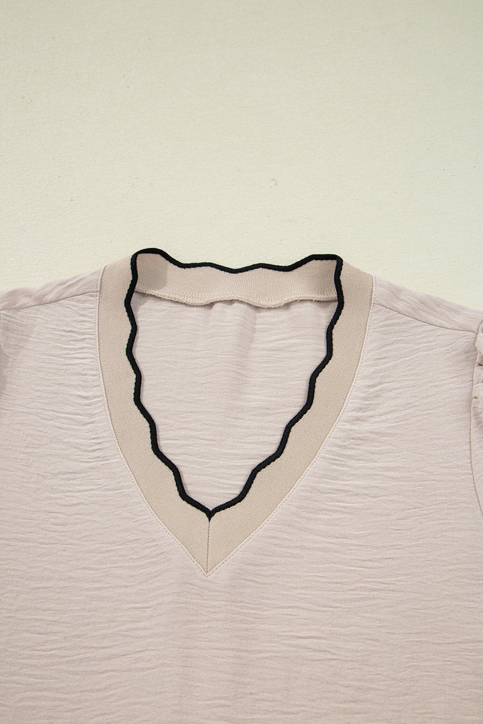 Jet Stream Contrast Scallop Trim V Neck Long Sleeve Blouse