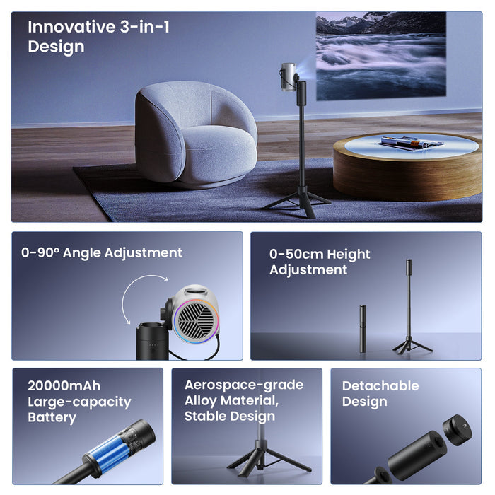 JMGO 3-in-1 adjustable projector tripod stand with detachable components, versatile design for home entertainment room