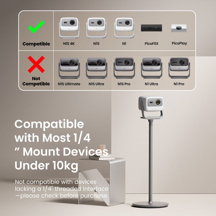 JMGO floor stand compatible with N1S 4K, N1S, N1, picoplay and PicoFlix mini projectors, designed for secure and adjustable installation for home theater