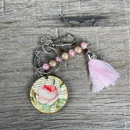 Wooden circle key tag with pink rose and lilac tassel, 50mm size