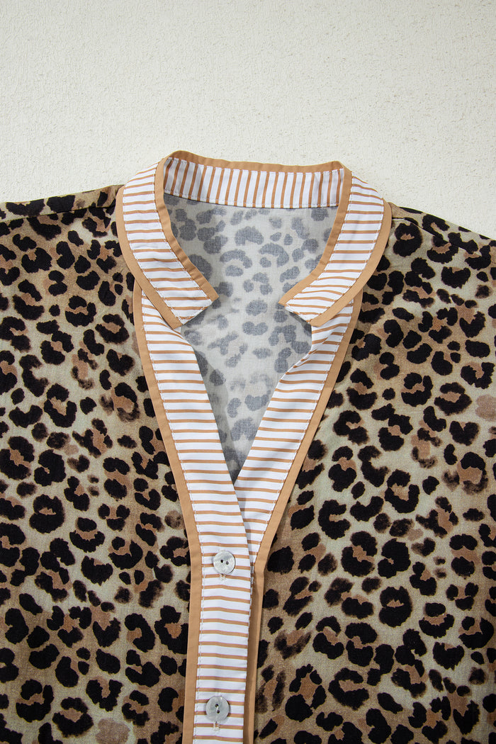 Khaki Contrast Striped Trim V Neck Leopard Shirt