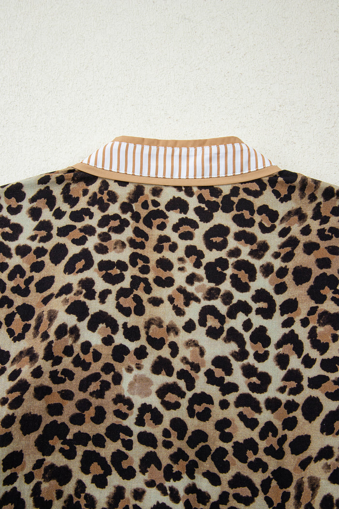Khaki Contrast Striped Trim V Neck Leopard Shirt