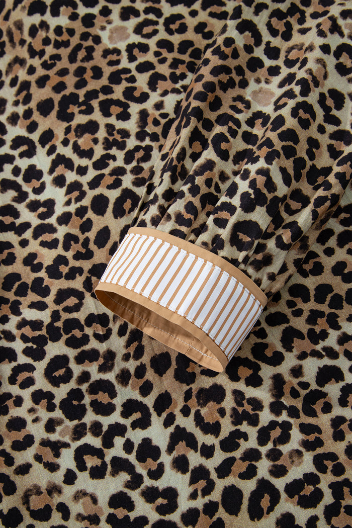 Khaki Contrast Striped Trim V Neck Leopard Shirt